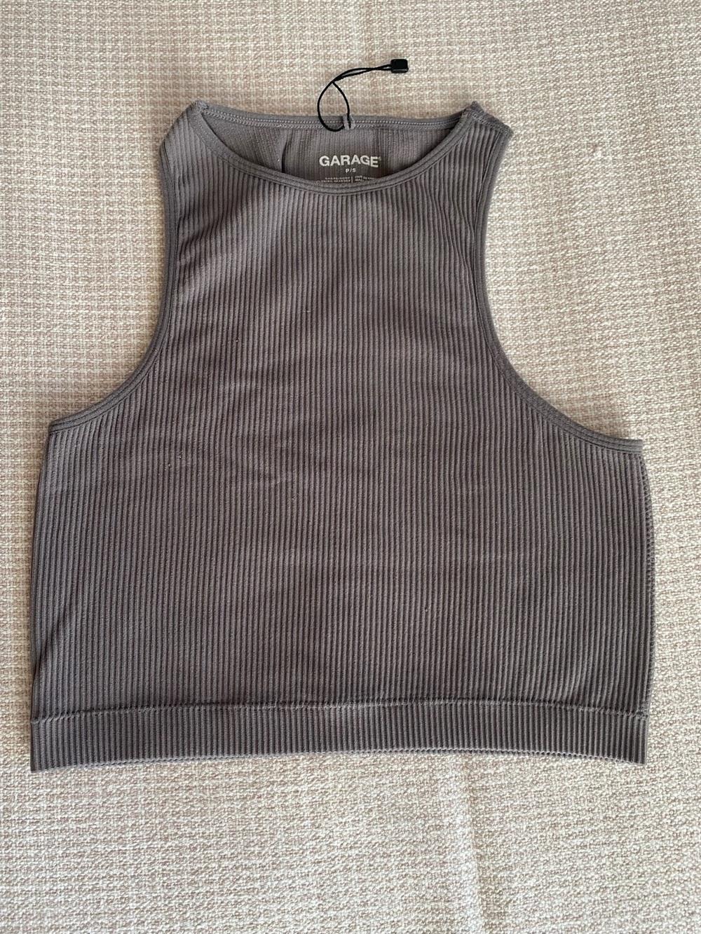 Garage Ribbed High-Neck Crop Tank — Charcoal